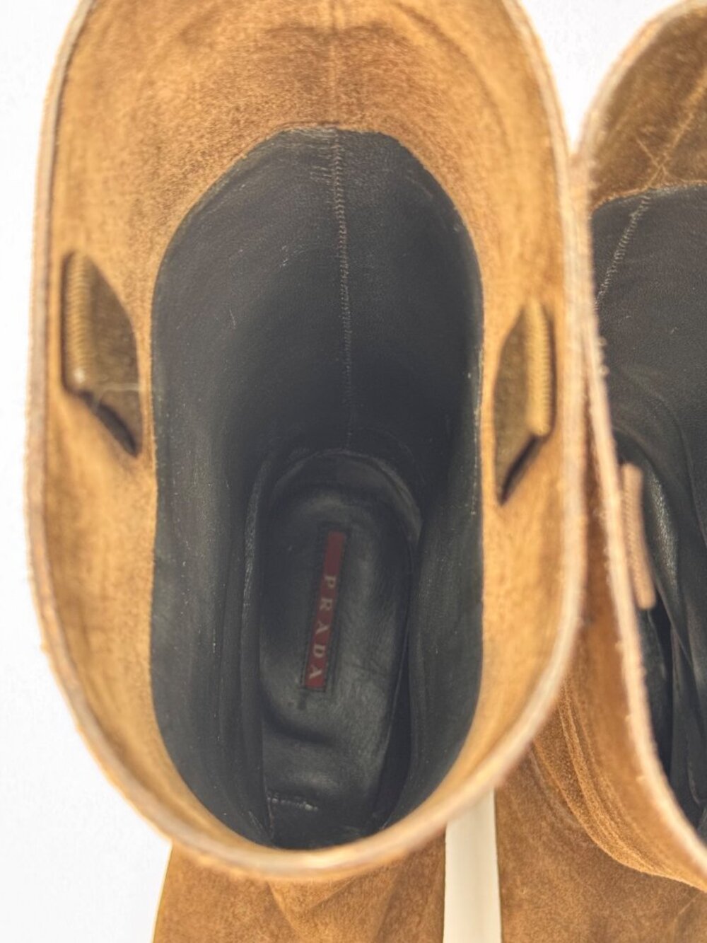Vintage Prada Milano Brown Suede Calf Knee Lug Sole Moto Rugged Boots 38.5 US8.5 - Picture 6 of 16